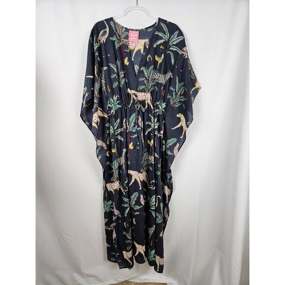 Just Darving Jungly Kaftan Dress Navy Exotic Animal Print & Palm Leaves One Size - Picture 4 of 15